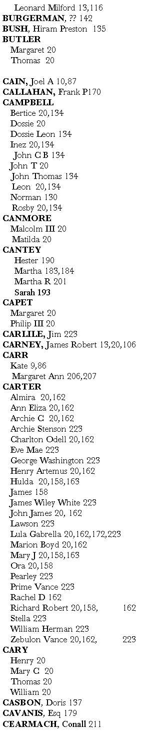 Text Box:      Leonard Milford 13,116BURGERMAN, ?? 142BUSH, Hiram Preston  135  BUTLER	Margaret 20              	Thomas  20             CAIN, Joel A 10,87CALLAHAN, Frank P170      CAMPBELL	Bertice 20,134	Dossie 20	Dossie Leon 134       	Inez 20,134     John C B 134        	John T 20    John Thomas 134          Leon  20,134	Norman 130           Rosby 20,134     CANMORE	Malcolm III 20    Matilda 20    CANTEY     Hester 190     Martha 183,184            Martha R 201            Sarah 193 CAPET 	Margaret 20     		Philip III 20     CARLILE, Jim 223CARNEY, James Robert 13,20,106CARR	Kate 9,86    Margaret Ann 206,207CARTER	Almira  20,162	Ann Eliza 20,162	Archie C  20,162	Archie Stenson 223        	Charlton Odell 20,162	Eve Mae 223	George Washington 223	Henry Artemus 20,162      	Hulda  20,158,163     	James 158	James Wiley White 223	John James 20, 162	Lawson 223	Lula Gabrella 20,162,172,223        	Marion Boyd 20,162 	Mary J 20,158,163  	Ora 20,158	Pearley 223	Prime Vance 223	Rachel D 162	Richard Robert 20,158,	162	Stella 223	William Herman 223	Zebulon Vance 20,162,	223CARY	Henry 20                  	Mary C  20     	Thomas 20                	William 20CASBON, Doris 137CAVANIS, Esq 179CEARMACH, Conall 211             
