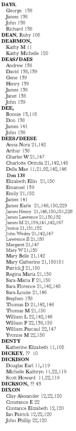 Text Box: DAYS, 	George  138	James 138	John 138	Richard 138DEAN, Ruby 106   DEARMON, 	Kathy M 11	Kathy Michelle 120DEAS/DAES   	Andrew 138	David 138,139	Gene 139	Henry 139	James 138	Janet 138	John 139DEE,  	Bonnie 13,116	Don 138	James 141	John 138       DEES/DEESE	Anna Nora 21,142                    	Arthur 138 	Charles W 21,147             	Charlotte Orinda 21,142,145	Della Mae 11,21,92,142,146    Don 138 	Elizabeth Ellin  21,150	Emanuel 139              	Emily 21,152	James 141	James Earle  21,148,150,229           	James Henry  21,146,150,151,228           	James Lawrence 21,150,	152                	James M 21,139,141,142,167      	Jessica 21,151,152 	John Wesley 21,142,147 	Lawrence E 21,150 	Margaret 21,147               	Mary W 21,150                             	Mary Belle 21,142                     	Mary Catherine 21,150151 	Patrick J 21,150                                	Regina Maria 21,150 	Sara-Maria F 21,150 	Sara Florence 21,142,145                   	Sara Louise 21,146	Stephen 138 	Thomas D 21,142,148 	Thomas M 21,150                           	William L 22,142,146                      	William P 22,138,150                           	William Pascaul 22,147   	Yvonne M 22,150        DENTY   Katherine Elizabeth 11,105   DICKEY, ??  10      DICKISON	Douglas Earl 11,119	Michelle Kathryn 11,22,119	Scott Howard  11,22,119        DICKSON, ?? 43DIXON	Clay Alexander 12,22,120 	Constance E 22           	Contance Elizabeth 12,120	Ian Patrick 12,22,120             	John Phillip 22,120         
