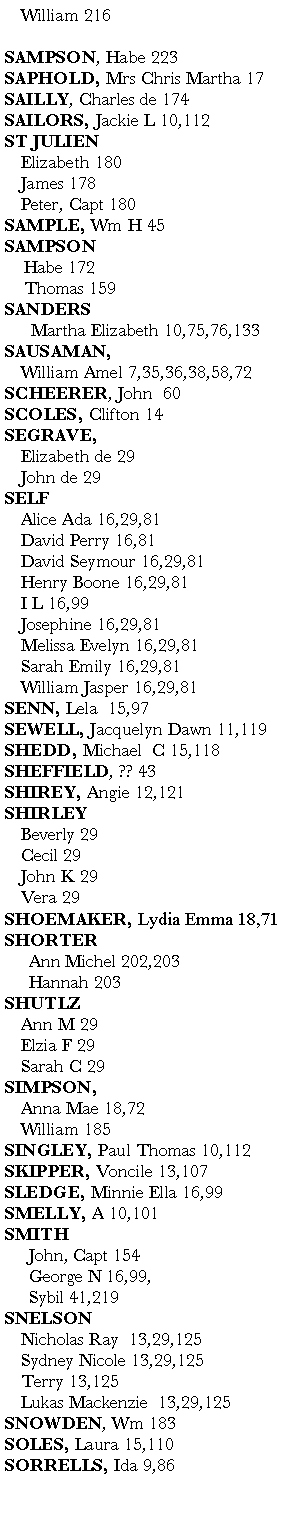 Text Box: 	William 216SAMPSON, Habe 223SAPHOLD, Mrs Chris Martha 17SAILLY, Charles de 174SAILORS, Jackie L 10,112       ST JULIEN	Elizabeth 180	James 178	Peter, Capt 180SAMPLE, Wm H 45SAMPSON    Habe 172          Thomas 159       SANDERS	  Martha Elizabeth 10,75,76,133       SAUSAMAN, 	William Amel 7,35,36,38,58,72SCHEERER, John  60SCOLES, Clifton 14SEGRAVE, 	Elizabeth de 29	John de 29SELF	Alice Ada 16,29,81	David Perry 16,81	David Seymour 16,29,81	Henry Boone 16,29,81	I L 16,99	Josephine 16,29,81		Melissa Evelyn 16,29,81	Sarah Emily 16,29,81    	William Jasper 16,29,81SENN, Lela  15,97       SEWELL, Jacquelyn Dawn 11,119       SHEDD, Michael  C 15,118SHEFFIELD, ?? 43SHIREY, Angie 12,121SHIRLEY	Beverly 29	Cecil 29	John K 29	Vera 29SHOEMAKER, Lydia Emma 18,71SHORTER     Ann Michel 202,203         Hannah 203SHUTLZ	Ann M 29	Elzia F 29	Sarah C 29SIMPSON, 	Anna Mae 18,72	William 185       SINGLEY, Paul Thomas 10,112       SKIPPER, Voncile 13,107      SLEDGE, Minnie Ella 16,99       SMELLY, A 10,101      SMITH     John, Capt 154     George N 16,99,            Sybil 41,219     SNELSON	Nicholas Ray  13,29,125	Sydney Nicole 13,29,125	Terry 13,125	Lukas Mackenzie  13,29,125SNOWDEN, Wm 183SOLES, Laura 15,110     SORRELLS, Ida 9,86       