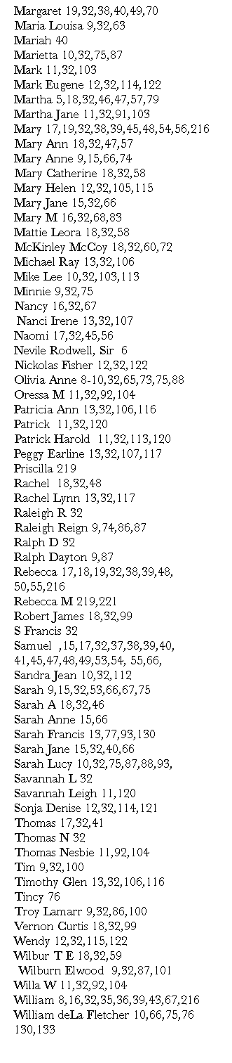 Text Box: 	Margaret 19,32,38,40,49,70		Maria Louisa 9,32,63	Mariah 40	Marietta 10,32,75,87	Mark 11,32,103	Mark Eugene 12,32,114,122	Martha 5,18,32,46,47,57,79	Martha Jane 11,32,91,103	Mary 17,19,32,38,39,45,48,54,56,216		Mary Ann 18,32,47,57		Mary Anne 9,15,66,74		Mary Catherine 18,32,58	Mary Helen 12,32,105,115	Mary Jane 15,32,66	Mary M 16,32,68,83	Mattie Leora 18,32,58		McKinley McCoy 18,32,60,72	Michael Ray 13,32,106		Mike Lee 10,32,103,113	Minnie 9,32,75	Nancy 16,32,67    Nanci Irene 13,32,107		Naomi 17,32,45,56	Nevile Rodwell, Sir  6 		Nickolas Fisher 12,32,122	Olivia Anne 8-10,32,65,73,75,88	Oressa M 11,32,92,104	Patricia Ann 13,32,106,116	Patrick  11,32,120		Patrick Harold  11,32,113,120	Peggy Earline 13,32,107,117	Priscilla 219		Rachel  18,32,48	Rachel Lynn 13,32,117		Raleigh R 32		Raleigh Reign 9,74,86,87	Ralph D 32	Ralph Dayton 9,87	Rebecca 17,18,19,32,38,39,48,	50,55,216	Rebecca M 219,221	Robert James 18,32,99	S Francis 32	Samuel  ,15,17,32,37,38,39,40,	41,45,47,48,49,53,54, 55,66,	Sandra Jean 10,32,112	Sarah 9,15,32,53,66,67,75	Sarah A 18,32,46	Sarah Anne 15,66		Sarah Francis 13,77,93,130	Sarah Jane 15,32,40,66 	Sarah Lucy 10,32,75,87,88,93,	Savannah L 32	Savannah Leigh 11,120	Sonja Denise 12,32,114,121	Thomas 17,32,41	Thomas N 32	Thomas Nesbie 11,92,104	Tim 9,32,100	Timothy Glen 13,32,106,116	Tincy 76	Troy Lamarr 9,32,86,100	Vernon Curtis 18,32,99	Wendy 12,32,115,122		Wilbur T E 18,32,59		Wilburn Elwood  9,32,87,101		Willa W 11,32,92,104	William 8,16,32,35,36,39,43,67,216	William deLa Fletcher 10,66,75,76   130,133