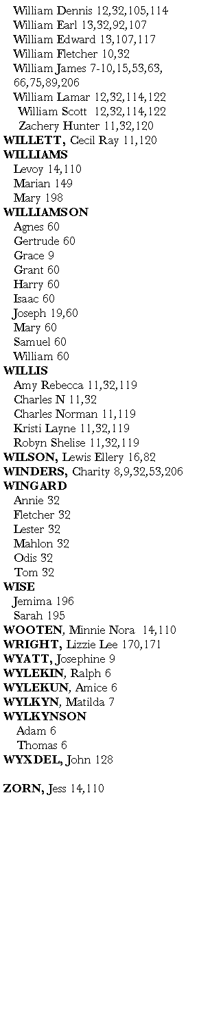 Text Box: 	William Dennis 12,32,105,114	William Earl 13,32,92,107	William Edward 13,107,117	William Fletcher 10,32		William James 7-10,15,53,63,	66,75,89,206		William Lamar 12,32,114,122		William Scott  12,32,114,122		Zachery Hunter 11,32,120WILLETT, Cecil Ray 11,120WILLIAMS	Levoy 14,110	Marian 149	Mary 198WILLIAMSON	Agnes 60	Gertrude 60	Grace 9	Grant 60	Harry 60	Isaac 60	Joseph 19,60	Mary 60	Samuel 60	William 60WILLIS	Amy Rebecca 11,32,119	Charles N 11,32	Charles Norman 11,119	Kristi Layne 11,32,119	Robyn Shelise 11,32,119WILSON, Lewis Ellery 16,82WINDERS, Charity 8,9,32,53,206WINGARD	Annie 32	Fletcher 32	Lester 32	Mahlon 32	Odis 32	Tom 32WISE	Jemima 196	Sarah 195WOOTEN, Minnie Nora  14,110WRIGHT, Lizzie Lee 170,171WYATT, Josephine 9        WYLEKIN, Ralph 6  	  WYLEKUN, Amice 6WYLKYN, Matilda 7 WYLKYNSON    Adam 6    Thomas 6Wyxdel, John 128ZORN, Jess 14,110     