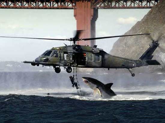 Cool Photoshop picture of Golden Gate Bridge and a helicpopter