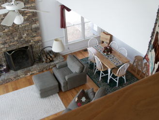 stone fireplace in living area
