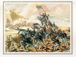 The 54th Massachusetts storming Fort Wagner.