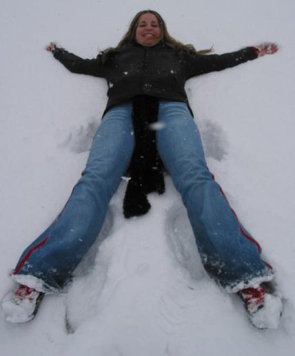 Sage will tell you that laying in the snow in jeans is not the best way to get warm