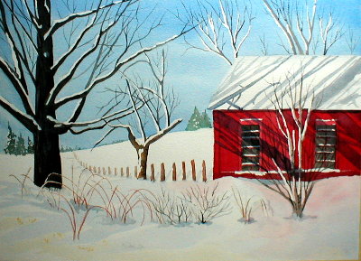 Painting titled 'Red Barn in Snow', 2002