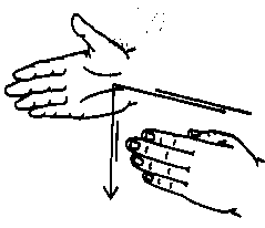 COMPLETED, FINISHED, DONE, ENDED, OVER, HAVE - Hold the left 'B' hand in front of you, palm toward you; move the little-finger edge of the right open hand, palm facing left, along the forefinger edge of the left, dropping off at the edge.  Origin:  Cut off a the end.