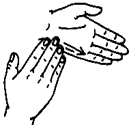 EXCUSE, FORGIVE, PARDON, EXEMPT, WAIVE.  Stroke the edge of the left palm with the right fingertips.  Origin:  Wiping off the guilt.