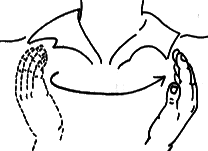 OUR. Place the right hand, slightly cupped, at the right shoulder with the thumb side agaist the body, circling around until the little-finger side touches the left shoulder.   Origin:  Open palm indicating the possessive, as concerning self and others.  Usage:  We are thankful for our freedom.