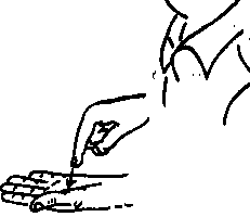 THIS - Place the tip of the right index finger into the left open palm.  Origin:  Pointing to a specific object.