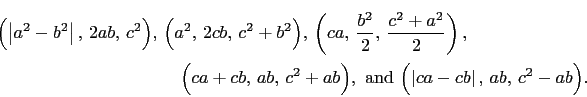 \begin{multline*}
\Bigl(\left\vert a^2-b^2\right\vert, 2ab, c^2\Bigr), \Bigl(...
...{and}  
\Bigl(\left\vert ca-cb\right\vert, ab, c^2-ab\Bigr).
\end{multline*}