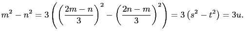 $\displaystyle m^2-n^2=3\left(\left(\frac{2m-n}{3}\right)^2-\left(\frac{2n-m}{3}\right)^2\right) =3\left(s^2-t^2\right)=3u.$