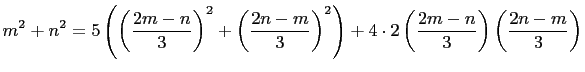 $\displaystyle m^2+n^2=5\left(\left(\frac{2m-n}{3}\right)^2+\left(\frac{2n-m}{3}\right)^2\right) +4\cdot 2\left(\frac{2m-n}{3}\right)\left(\frac{2n-m}{3}\right)$