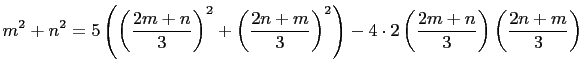 $\displaystyle m^2+n^2=5\left(\left(\frac{2m+n}{3}\right)^2+\left(\frac{2n+m}{3}\right)^2\right) -4\cdot 2\left(\frac{2m+n}{3}\right)\left(\frac{2n+m}{3}\right)$