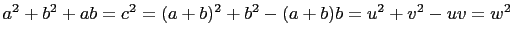 $ a^2+b^2+ab=c^2=(a+b)^2+b^2-(a+b)b=u^2+v^2-uv=w^2$