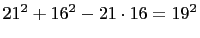 $ 21^2+16^2-21\cdot 16=19^2$