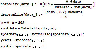 RowBox[{normalize[data_], :=, RowBox[{N, [, RowBox[{0.2, +, RowBox[{RowBox[{(, RowBox[{0.6, da ...  2〛] ; years = spotdata_〚All, 1〛 ; spots = spotdata_〚All, 2〛 ; 