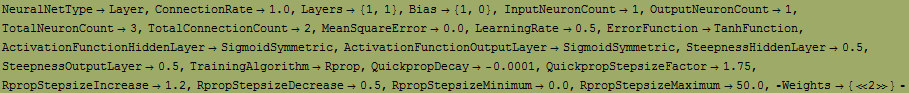 RowBox[{NeuralNetTypeLayer, ,, RowBox[{ConnectionRate, , 1.}], ,, Layersᢃ ... ox[{RpropStepsizeMaximum, , 50.}], ,, ⁃Weights {2} ⁃}]