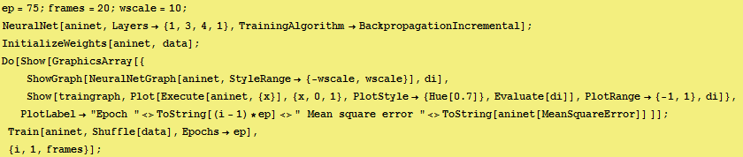 ep = 75 ; frames = 20 ; wscale = 10 ; NeuralNet[aninet, Layers {1, 3, 4, 1}, TrainingA ... 62371;, Train[aninet, Shuffle[data], Epochsep]}], ,, , {i, 1, frames}}], ]}], ;}] 