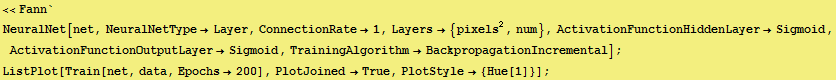 <<Fann` NeuralNet[net, NeuralNetTypeLayer, ConnectionRate1, Layersᢃ ... stPlot[Train[net, data, Epochs200], PlotJoinedTrue, PlotStyle {Hue[1]}] ; 