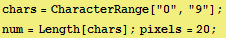 chars = CharacterRange["0", "9"] ; num = Length[chars] ; pixels = 20 ; 