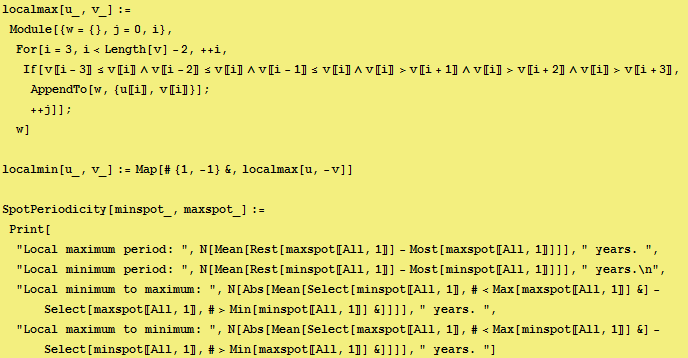 localmax[u_, v_] := Module[{w = {}, j = 0, i}, For[i = 3, i<Length[v] - 2,  ... t〚All, 1〛, #>Min[maxspot〚All, 1〛] &]]]], " years. "] 