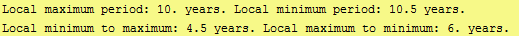 RowBox[{Local maximum period: , , 10., ,  years. , , Local minimum per ...  4.5, ,  years. , , Local maximum to minimum: , , 6., ,  years. }]