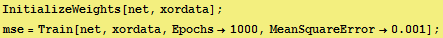 InitializeWeights[net, xordata] ; RowBox[{RowBox[{mse, =, RowBox[{Train, [, RowBox[{net, ,, xordata, ,, Epochs1000, ,, RowBox[{MeanSquareError, , 0.001}]}], ]}]}], ;}] 