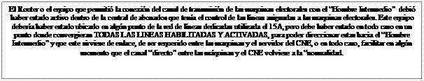Cuadro de texto: El Router o el equipo que permitió la conexión del canal de transmisión de las maquinas electorales con el “Hombre Intermedio” debió haber estado activo dentro de la central de abonados que tenía el control de las líneas asignadas a las maquinas electorales. Este equipo debería haber estado ubicado en algún punto de la red de líneas dedicadas utilizada el 15A, pero debe haber estado en todo caso en un punto donde convergieran TODAS LAS LINEAS HABILITADAS Y ACTIVADAS, para poder direccionar estas hacia el “Hombre Intermedio” y que este sirviese de enlace, de ser requerido entre las maquinas y el servidor del CNE, o en todo caso, facilitar en algún momento que el canal “directo” entre las máquinas y el CNE volviese a la “normalidad.