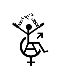 FBF/FMR:s symbol. En person i rullstol som h�jer h�nderna upp i skyn och bryter f�rtryckets bojor och har anarkist A:et i rullstolens hjul, samt med k�nssymbolerna.