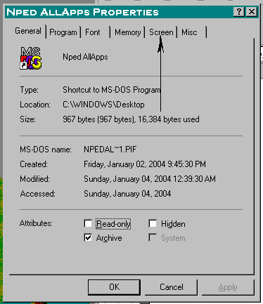 properties screen opened