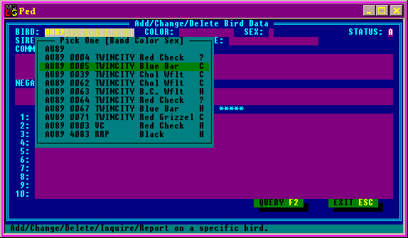 Popup selection screen with a specific bird highlighted.