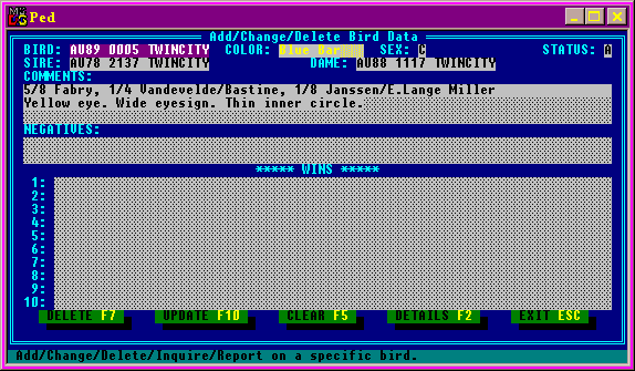 Bird_data screen, shows the entry fields for a bird.