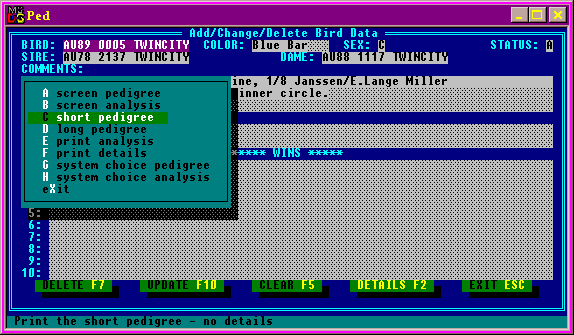 Shows the menu with the short pedigree highlighted.