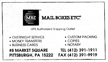 Mail 
Boxes Etc. business card, #8 Market Square, Pgh., PA 15222