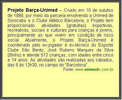 Caixa de texto: Projeto Bar�a-Unimed � Criado em 10 de outubro de 1999, por meio da parceria envolvendo a Unimed de Sorocaba e o Clube Atl�tico Barcelona, o Projeto tem proporcionado atividades (gratuitas) esportivas, recreativas, sociais e culturais para crian�as e jovens, principalmente as que vivem em condi��o de risco social. Atualmente, o Projeto Bar�a-Unimed � coordenado pelo ex-jogador e ex-t�cnico do Esporte Clube S�o Bento, Jos� Rubens Marques da Silva (Binho) e atende 512 crian�as, com idades entre cinco e 14 anos. As atividades s�o realizadas aos s�bados, das 8 �s 12h30, no campo do �Barcelona�.
Fonte: www.unimeds.com.br



