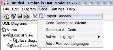 Men� para importaci�n de c�digo en Umbrello UML Modeller