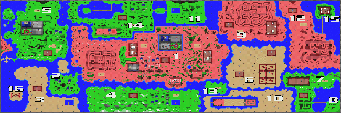 Mapa de las islas de Shalom numeradas.