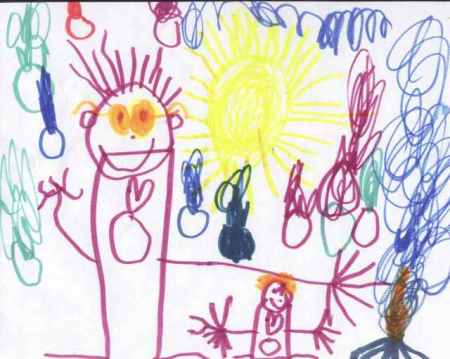 Drawing of fire bombs with him and mommy(the smaller person)