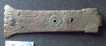 Tudor Book hasp 1485-1603 Typically such clasps or hasp as this, were riveted to leather straps that would wrap around a book, keeping its pages flat when not in use. This one retains remnants of rivet holes with which it was attached, and is decorated with a design of stamped (or engraved) circles