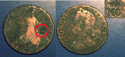 George II copper Penny, this coin has MG Stamped on it