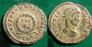 Roman coin AE3 of Crispus, struck at Trier c.323-324