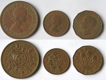 The other coin is a George VI 1945 brass Threepenny bit or �joey� 'two bob'or 'one bob'any shiling could have bob after it = Before 1971 bob was one of the most commonly used English slang words. Origin un known. It dates back to the late 1700's.
Tanner = sixpence (6d). The slang word 'tanner' meaning sixpence dates from the early 1800's and is derived most probably from Romany gypsy 'tawno'
Joey slang word seems reasonably certainly to have been named after the politician Joseph Hume (1777-1855),  
