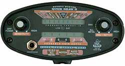 QUICK DRAW II.
The Quick Draw II is equipped with a powerful ZILOG Z-86 Computer Circuit, which combines with Bounty Hunter's Patented Technology to offer more features, performance and value than any other detector in its price range. Whether sweeping the searchcoil ultra fast or ultra slow, the Quick Draw II will detect targets with tremendous accuracy.
The Quick Draw II offers three types of Discrimination modes to choose from and an independent motion All Metals operation which can be effectively used in many different ways. The DISC (Discriminate) Mode operates on the same touchpad as the ALL METAL Mode. The position of the DISC NOTCH control will then determine the mode of operation. All modes can be fine-tuned by the DISC NOTCH control for a variety of specialized applications. Motion of the searchcoil is required in all modes of operation to detect a target.