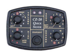 Fisher CZ-20 QUIKLSILVER.
High-Performance, Submersible, Target-ID Metal Detector
CZ-20 QuickSilver: You can go anywhere, even 250 feet underwater. The CZ-20 is a go-anywhere, do-anything, allweather, target-I.D. machine that's leakproof to 250 feet. And its Patented electronics make it deep-seeking while it ignores the destabilizing effects of saltwater. It's the perfect target-I.D. machine for the versatile treasure hunter who wants to hunt anywhere-underwater, on the beach, in the surf, on dry land and in all kinds of weather.
3-Tone Audio Target I.D: Put on the headphones, swing the search coil, and listen to the 3-tone target-I.D. A low tone means you're over iron, a mid tone means pull tab or gold ring and a high tone means a coin. And a distinctive bell tone lets you know when you're over big, shallow targets. No more digging beer cans!
Twin LED's Two bright-red, light-emitting diodes flash when you pass over a target and dim as you move away. For precise pinpointing, use the Pinpoint button, which puts the detector in a no-motion-required, all-metal mode