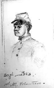 Sergeant Frank Roberts, "Sergt. Bob", 1st NC Colored Volunteers, of Elizabeth City, NC.&nbsp; Drawing from the Fred W. Smith, Jr. Civil War Sketch Book.&nbsp; From the Collection of Tryon Palace Historic Sites & Gardens.