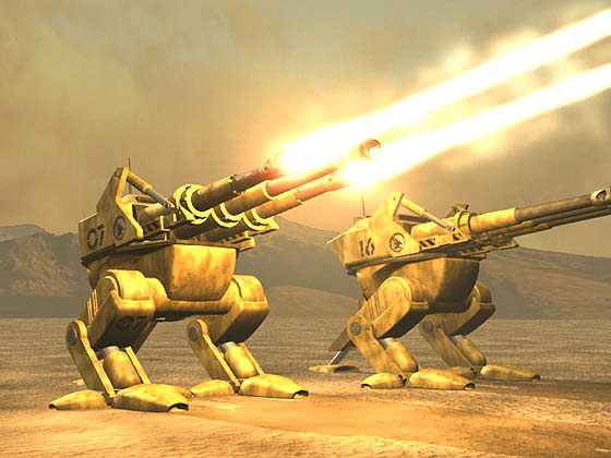 Two GDI Juggernauts bombard a distant NOD base.