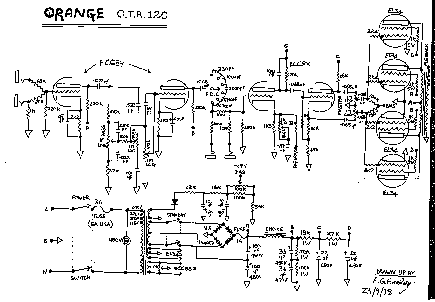 factory OTR schematic!!! (23/9/98) bass guitar amp schematics 