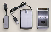 Included accessories. VGA/Ethernet dongle, USB mouse with built-in Memory Stick reader and the Sony WiFi 802.11g PC Card.