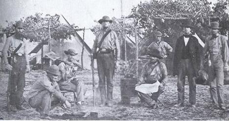 9th Mississippi, Co. B.  J.D. Edwards photograph.  Kinlock Falconer, eventually of Bragg's staff, holds the frying pan; from The Civil War: Fort Sumter to Gettysburg, William C. Davis & Bell I. Wiley, Black Dog & Leventhal Publishers, NY, 1998. p. 361 (Library of Congress)